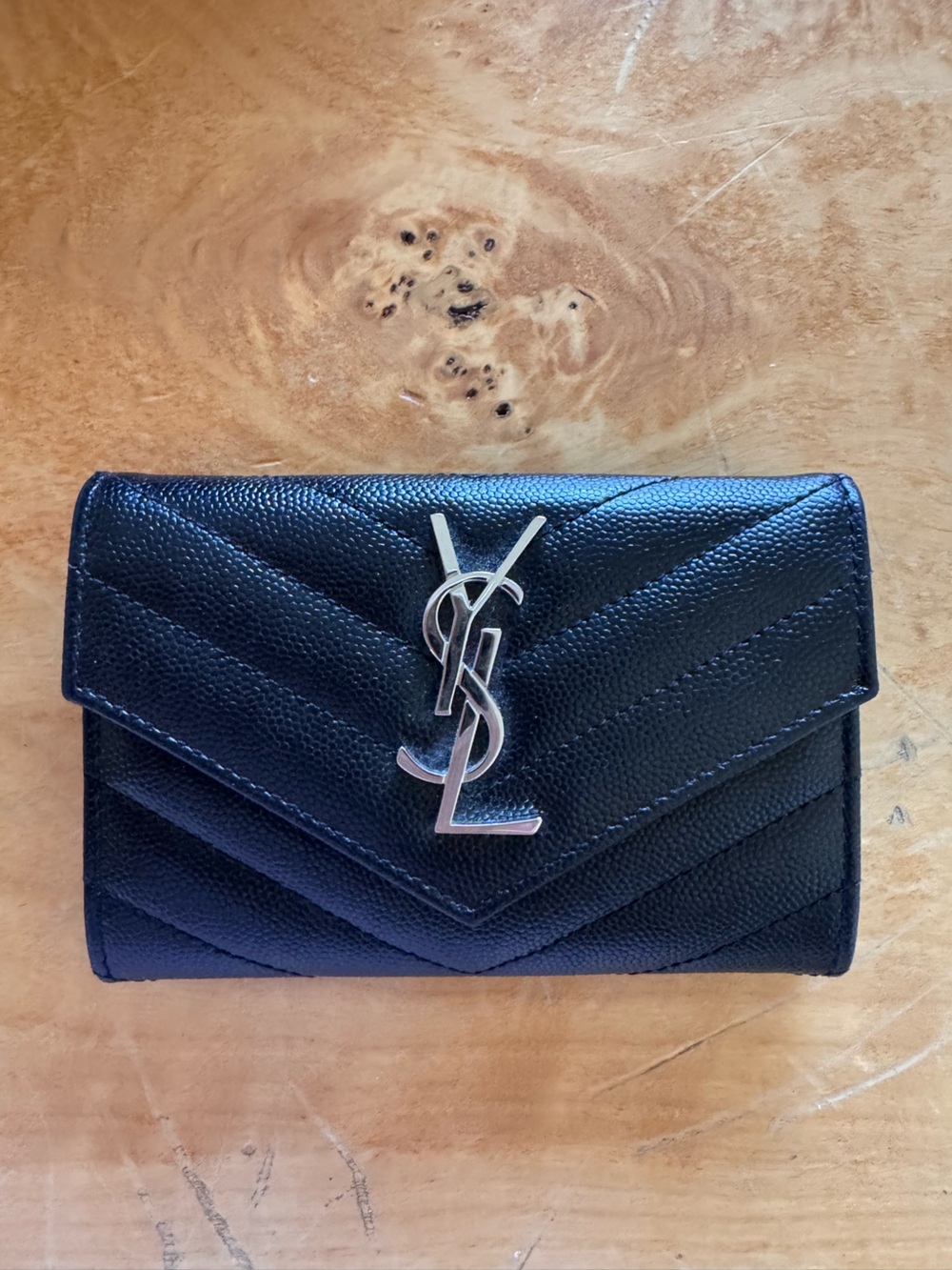 Saint Laurent Black Quilted Leather Card Holder with Silver YSL Emblem